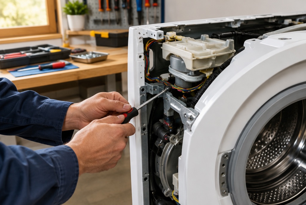 Een wasmachine wordt hersteld